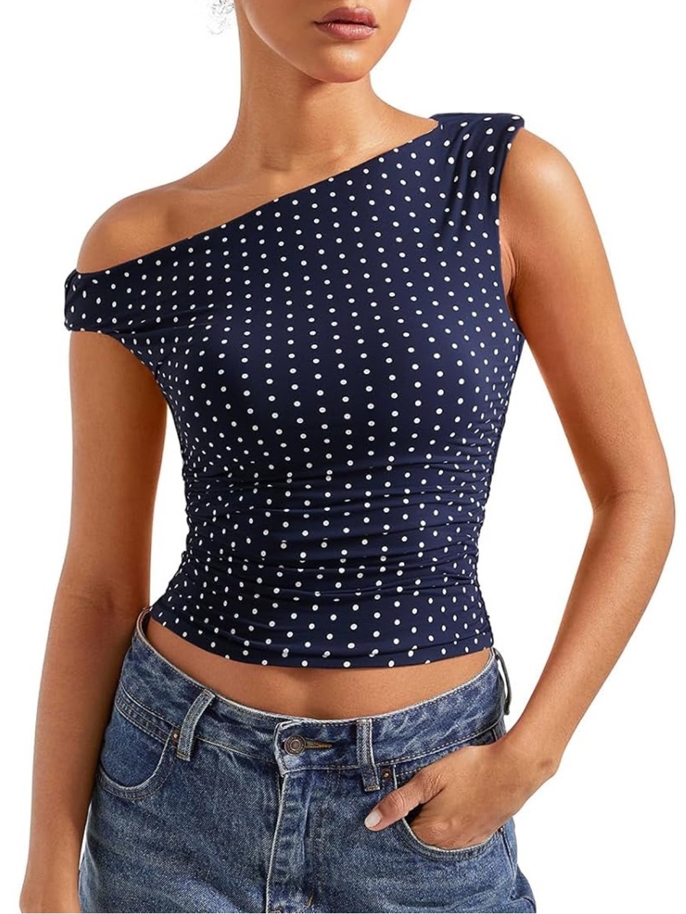 Polka Dot Navy Off the Shoulder Top